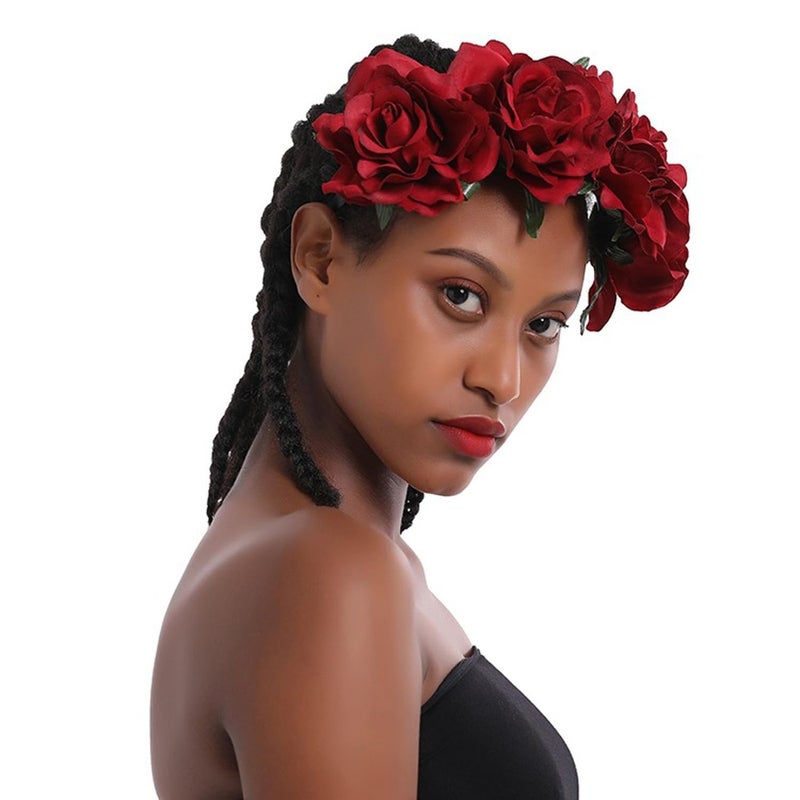 June Bloomy Rose Floral Crown Garland Flower Headband Headpiece for Wedding Festival (Dark Red) - Image 3